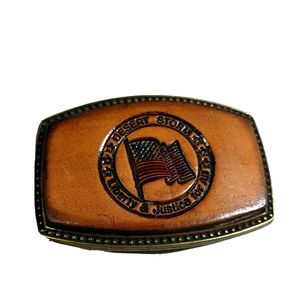 VTG. Belt Buckle Tooled Leather on Brass Desert Storm Liberty & Justice For All